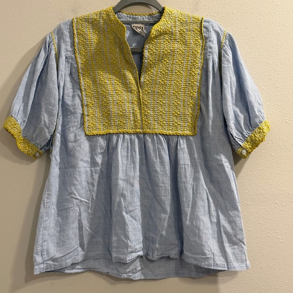 Sister Mary Tops - Sister Mary Size Small Blue Striped Sandy Blouse Embroidered Boho Cottagecore